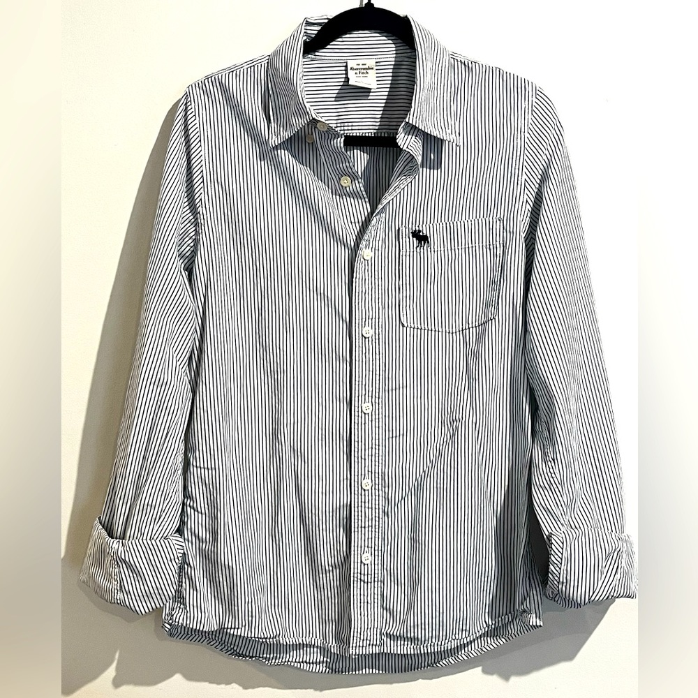 Abercrombie Men’s Classic Long Sleeves Button Up Shirt White With Blue S…
